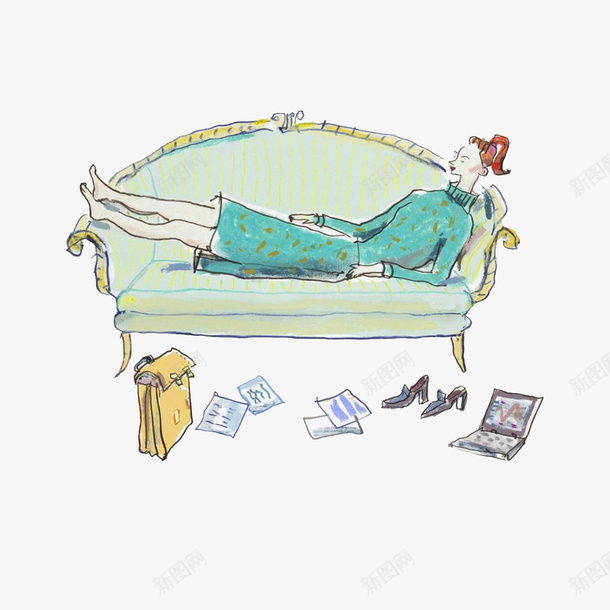 下班瘫倒在沙发的女孩psd免抠素材_新图网 https://ixintu.com 下班瘫倒在沙发的女孩 插画 沙发上的人 满地的物品
