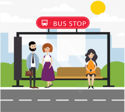 卡通公车公交车站等车的人矢量图高清图片