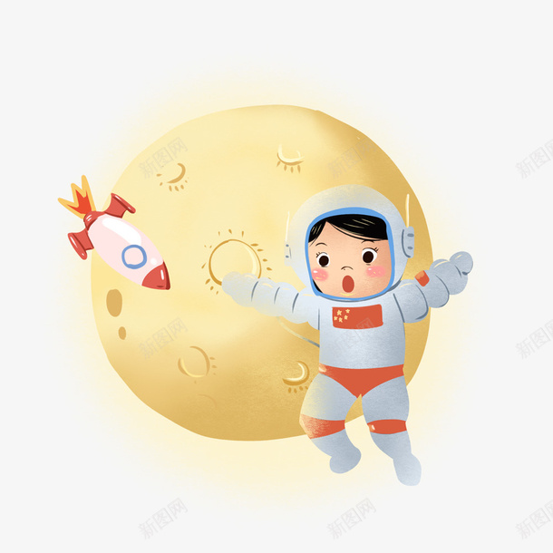 手绘卡通太空女孩png免抠素材_新图网 https://ixintu.com 可爱太空人 可爱女孩 外星 太空人 宇航员 招手太空人 星球 月球 火箭 飞行