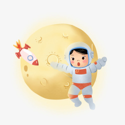 太空人月球漫步手绘卡通太空女孩高清图片
