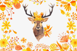 秋天花卉的背景麋鹿秋天卡通手绘高清图片