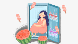 坐在西瓜卡通夏日坐在冰箱里的女孩高清图片