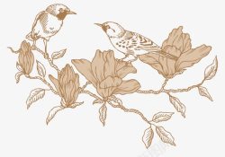 复古线描鸟类植物素材