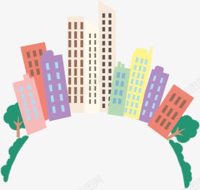 城市png免抠素材_新图网 https://ixintu.com 卡通建筑 地平线 城市圈 彩色 楼房