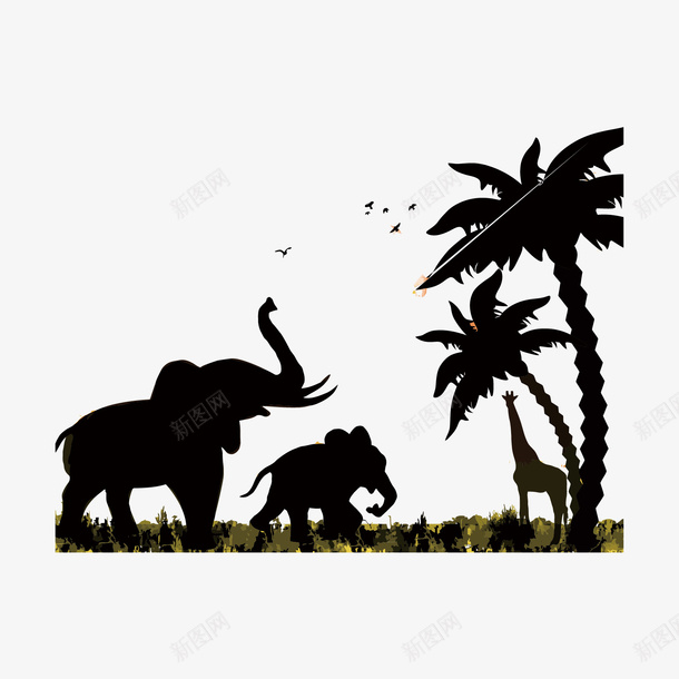 黑白大象png免抠素材_新图网 https://ixintu.com 剪影 大象 扁平化素材 椰树