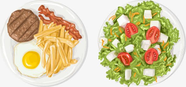 手绘食物png免抠素材_新图网 https://ixintu.com 培根 手绘 沙拉 煎蛋 牛排 薯条 食物