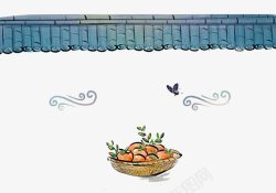 古典屋顶手绘青瓦白墙柿子高清图片