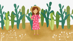 站立的女孩卡通手绘在植物园玩耍的女孩高清图片
