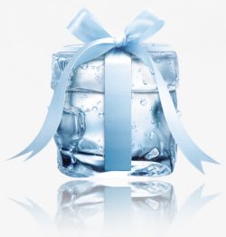 方形冰块素材图片创意合成效果透明的冰块蓝色蝴蝶结高清图片