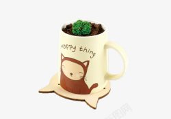 盆栽饮料猫咪形状咖啡杯的盆栽奶茶高清图片