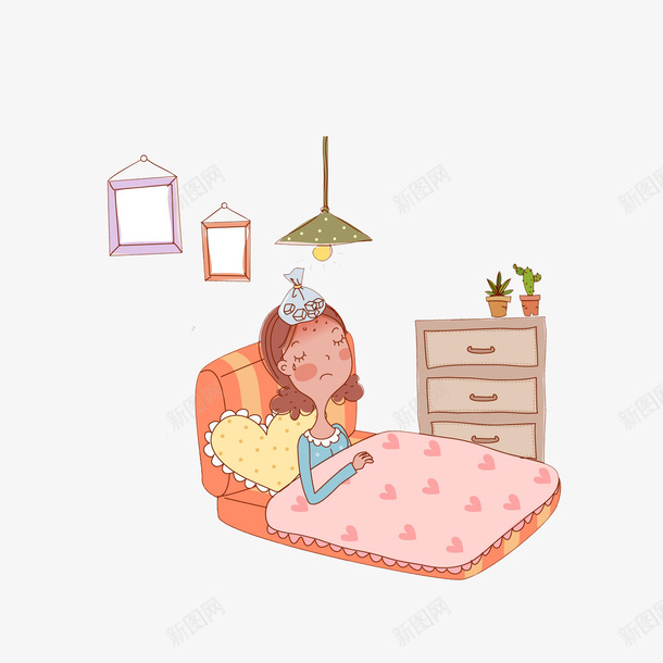 卡通发烧靠着床休息的女士psd免抠素材_新图网 https://ixintu.com 冰袋降温 发烧女士 吊灯 感冒发烧 柜子 盆栽 相框