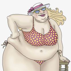 手绘人物大肚腩穿比基尼的胖女人素材