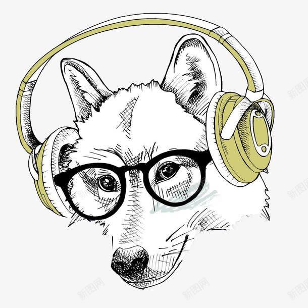 听歌的小狗png免抠素材_新图网 https://ixintu.com 卡爱 嘴巴 带耳机的人 手绘 白色的 眼睛框 简笔 耳机