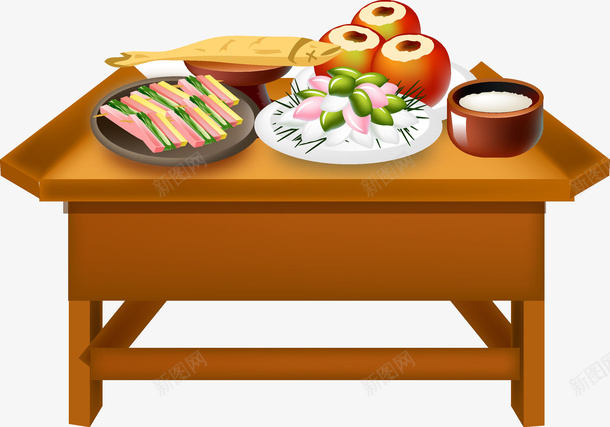 丰盛的饭菜png免抠素材_新图网 https://ixintu.com 创意 卡通 叶子 手绘 桌子 米饭 豌豆 餐具 饭菜