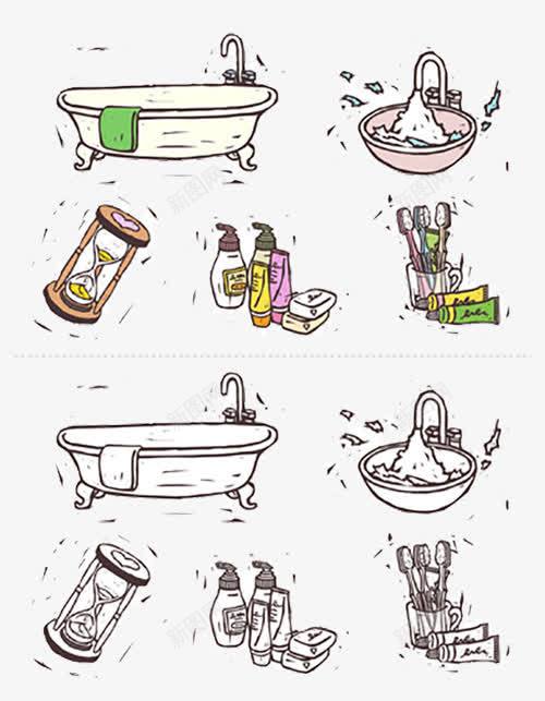 手绘浴室小图标png_新图网 https://ixintu.com 卡通浴室 插画 沐浴露 牙刷 绘画