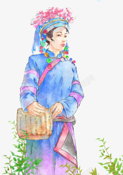 少数民族少女手绘采茶少女高清图片
