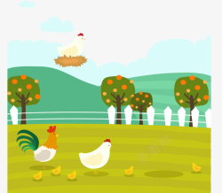 母鸡和小鸡手绘绿色清新的鸡圈矢量图高清图片