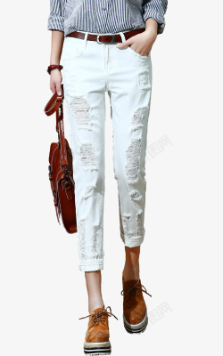 时尚七分裤实物白色洞洞七分裤高清图片