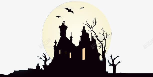 万圣节海报png免抠素材_新图网 https://ixintu.com 万圣节 古堡 城堡 夜晚 暗黑城堡 月亮 枯树 蝙蝠