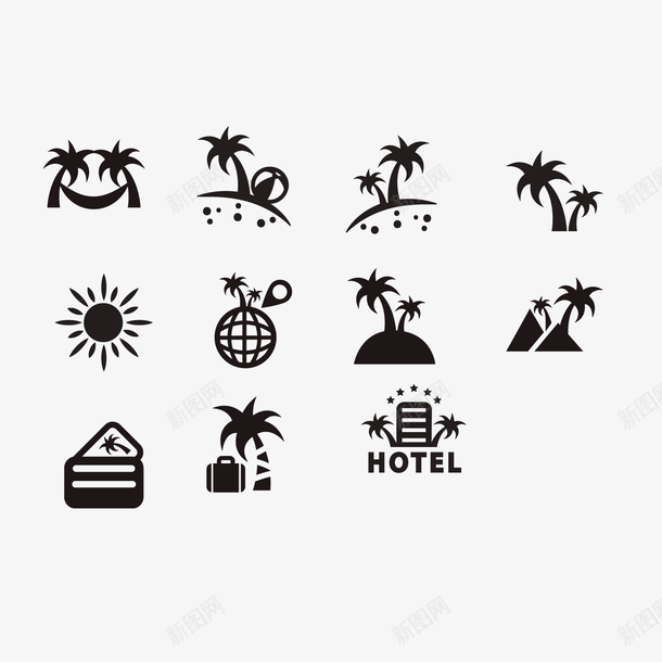 各式各样的椰子树矢量图图标ai_新图网 https://ixintu.com 椰子树 海岛 海岛小船 矢量图 网页 黑白色
