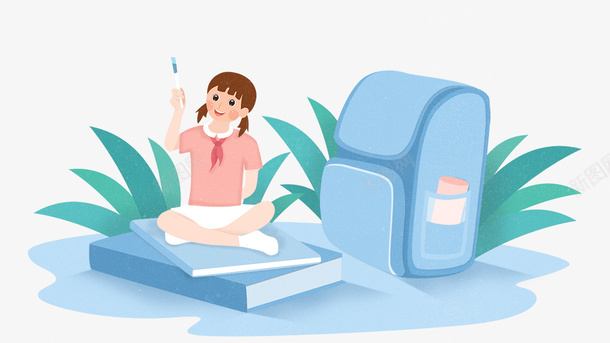 卡通开学季坐在书本上的女孩psd免抠素材_新图网 https://ixintu.com 卡通 坐在书本上的女孩 开学季 拿着铅笔的女孩 草丛 蓝色的书包