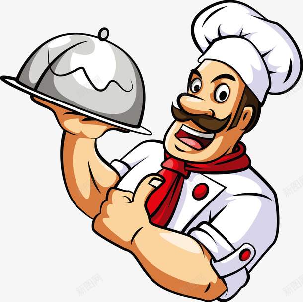 八字胡的男厨师png免抠素材_新图网 https://ixintu.com 大眼睛 男性 白色厨师帽 端盘子 红色领巾