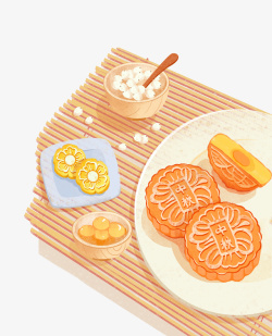 双蛋黄豆沙月饼手绘卡通中秋月饼高清图片