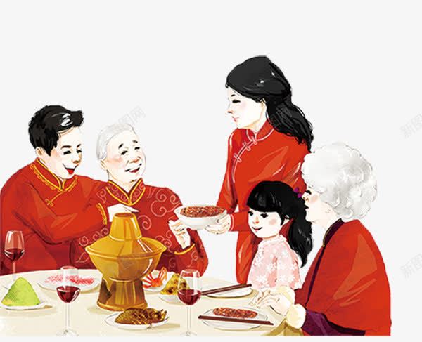 一家人png免抠素材_新图网 https://ixintu.com 一家五口 卡通 吃火锅 吃饭 坐在餐桌前 手绘 新年