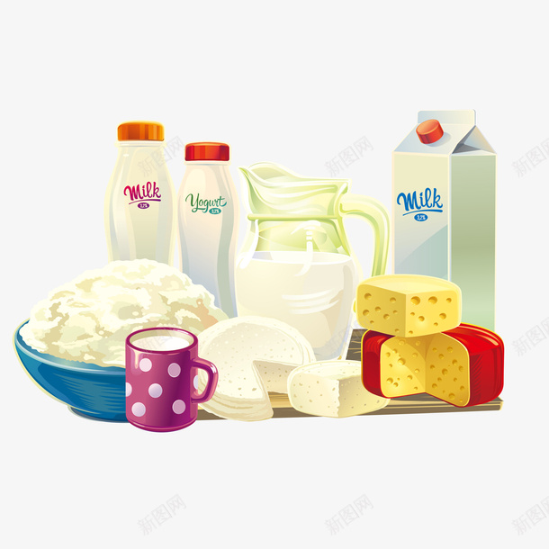 牛奶和奶制品psd免抠素材_新图网 https://ixintu.com 卡通 奶制品 奶酪 手绘 牛奶
