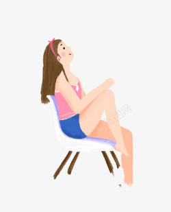 手绘椅子上的少女插画素材