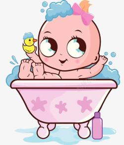洗沐浴盆里拿着鸭子玩具的婴儿高清图片
