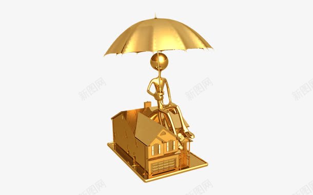 撑伞的小金人png免抠素材_新图网 https://ixintu.com 3d小人 坐在屋顶的小金人 小金人 屋子模型 金色伞