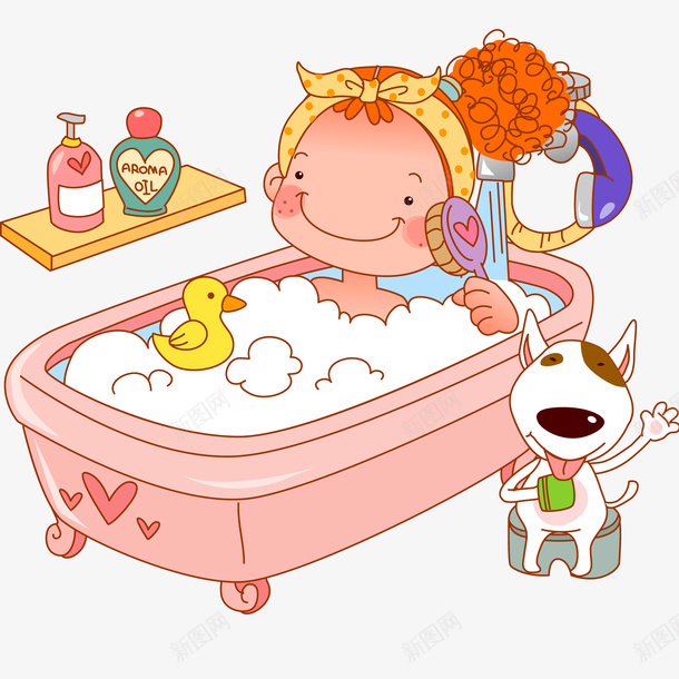 洗澡的女孩人物png免抠素材_新图网 https://ixintu.com 人物设计 卡通 女孩 室内设计 洗澡 浴室 浴缸 趴在浴缸边