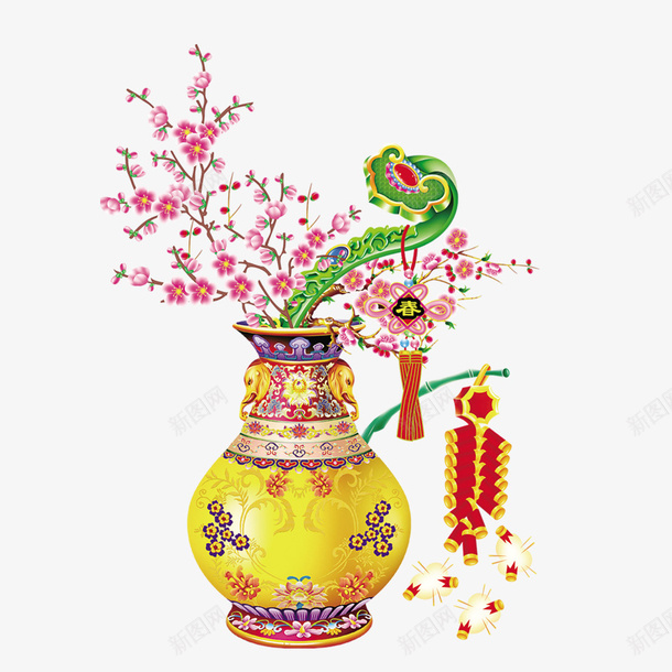 中国风png免抠素材_新图网 https://ixintu.com 古代瓷器 如意 年年有余 梅花 玉如意 粉色梅花 金色花瓶 鞭炮