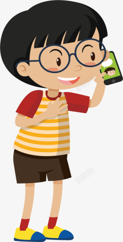 戴眼镜卡通正在打电话的小男孩矢量图高清图片