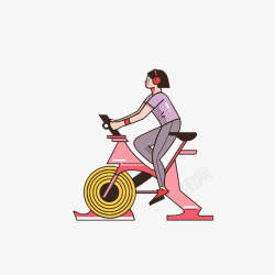 跑步动感排版卡通听着耳机踩动感单车的女孩素高清图片