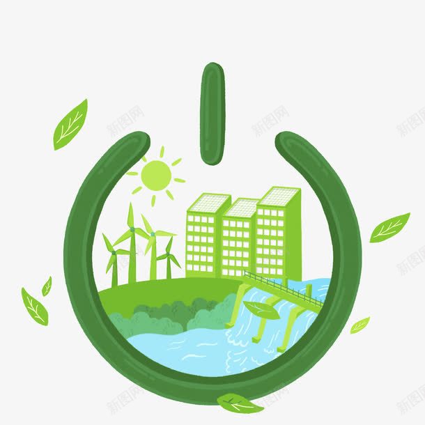 城市中的自然资源可循环利用图标png_新图网 https://ixintu.com 三幢大楼 太阳 树叶 河水 绿色 草坪 蓝色 风车