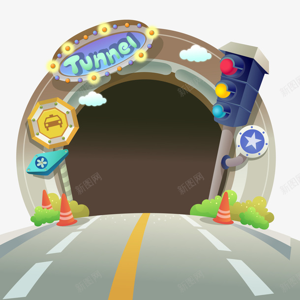 卡通创意隧道png免抠素材_新图网 https://ixintu.com 公路 创意 卡通 红绿灯 隧道设计