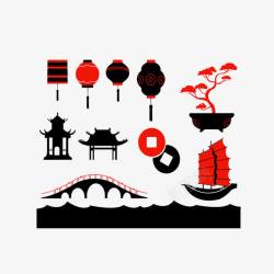 中式凉亭灯笼建筑与帆船高清图片