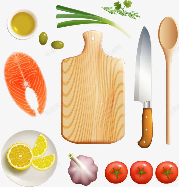 鱼肉案板和蔬菜png免抠素材_新图网 https://ixintu.com 刀具 柠檬 案板 番茄 蔬菜 西红柿 鱼肉