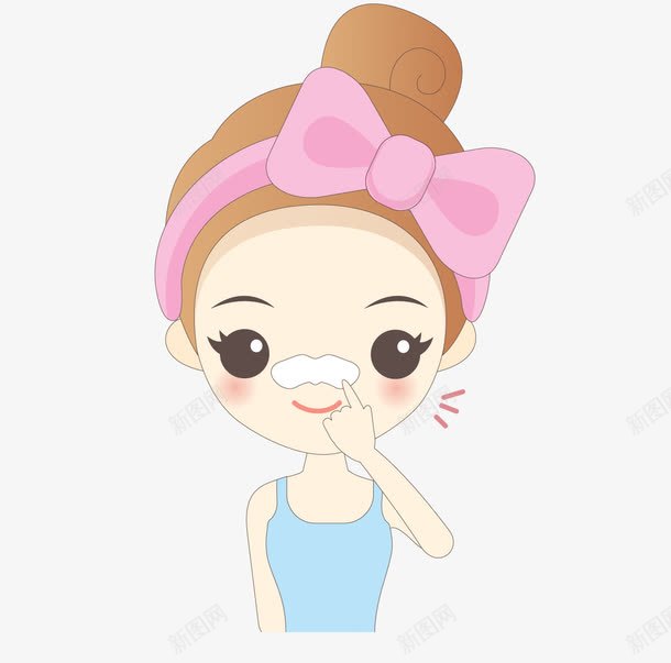 卡通正在做鼻贴膜的女孩png免抠素材_新图网 https://ixintu.com 化妆品 女孩 护肤 粉色 美女 美容 蓝背心 蝴蝶结 鼻贴膜
