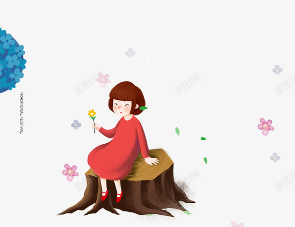 卡通手绘木头上坐着的女孩psd免抠素材_新图网 https://ixintu.com 卡通 坐着的女孩 坐着的小朋友 手绘 木头上 棕色木头 飘散的花瓣