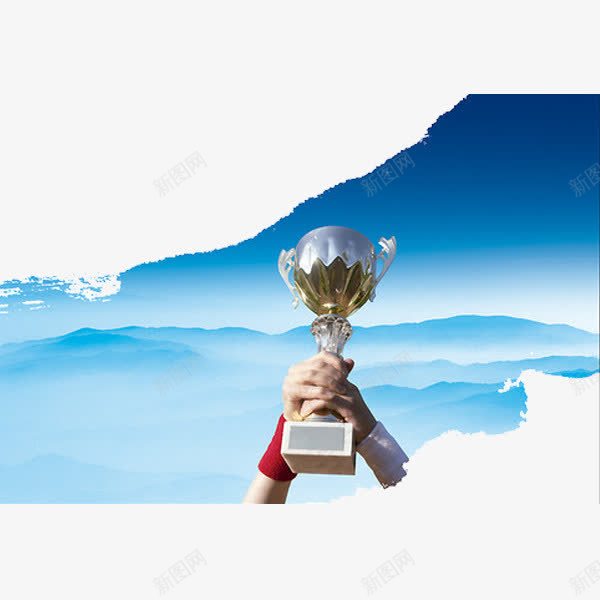 高举的奖杯png免抠素材_新图网 https://ixintu.com 冠军亚军季军 双手 大山 奖杯 手绘 红色的 蓝天 金色的