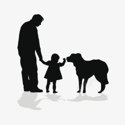 黑白男人男人牵着小孩逗弄小狗剪影图标高清图片