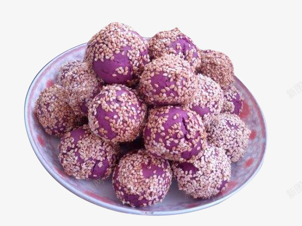 紫薯麻球png免抠素材_新图网 https://ixintu.com 盘子 紫色 紫薯球 芝麻 食品