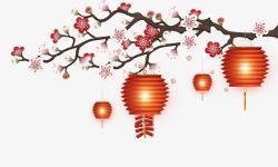 手绘红色热气球梅花树上的灯笼高清图片