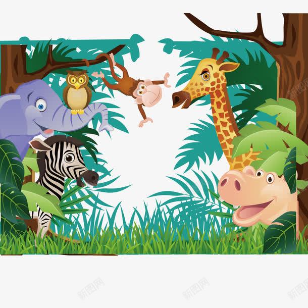 树林中的卡通动物png免抠素材_新图网 https://ixintu.com 动物 斑马 森林 植物 猴子