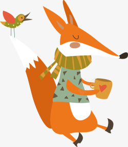 白花小鸟装饰画森林动物狐狸与小鸟卡通插画高清图片