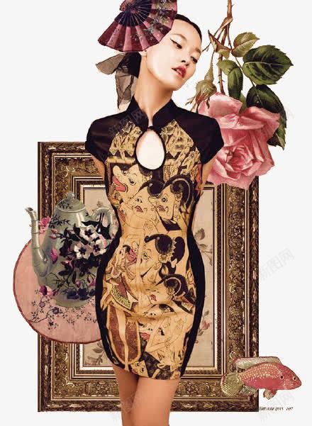 穿旗袍的女性png免抠素材_新图网 https://ixintu.com 中国元素 旗袍女 旗袍展示 民国风格 粉色玫瑰