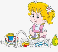 劳动节卡通人物洗盘子的女孩高清图片